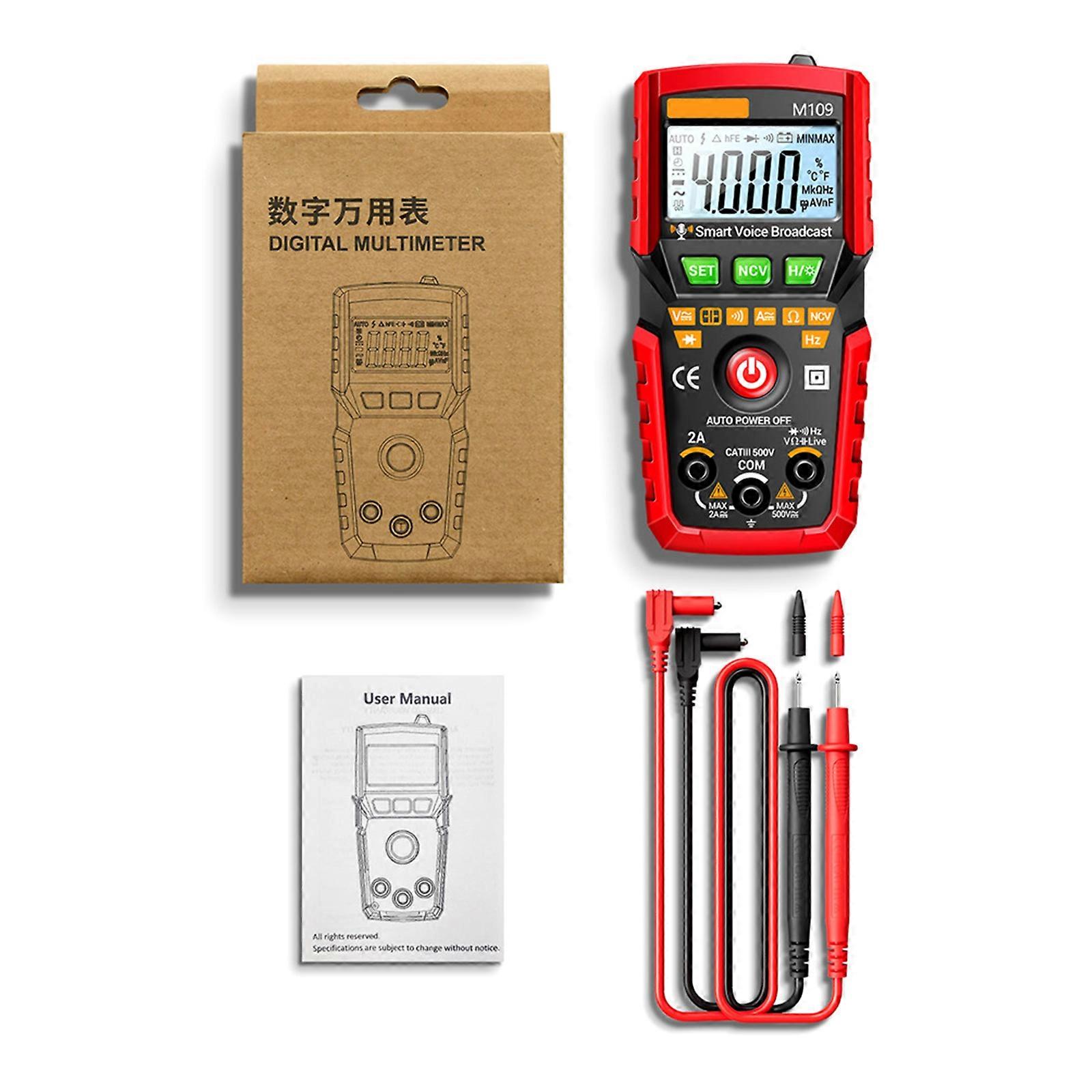 Auto Shutdown Voice Reading Multimeter NCV Detection Design Clear Button ABS Construction Probes and Manual  Red