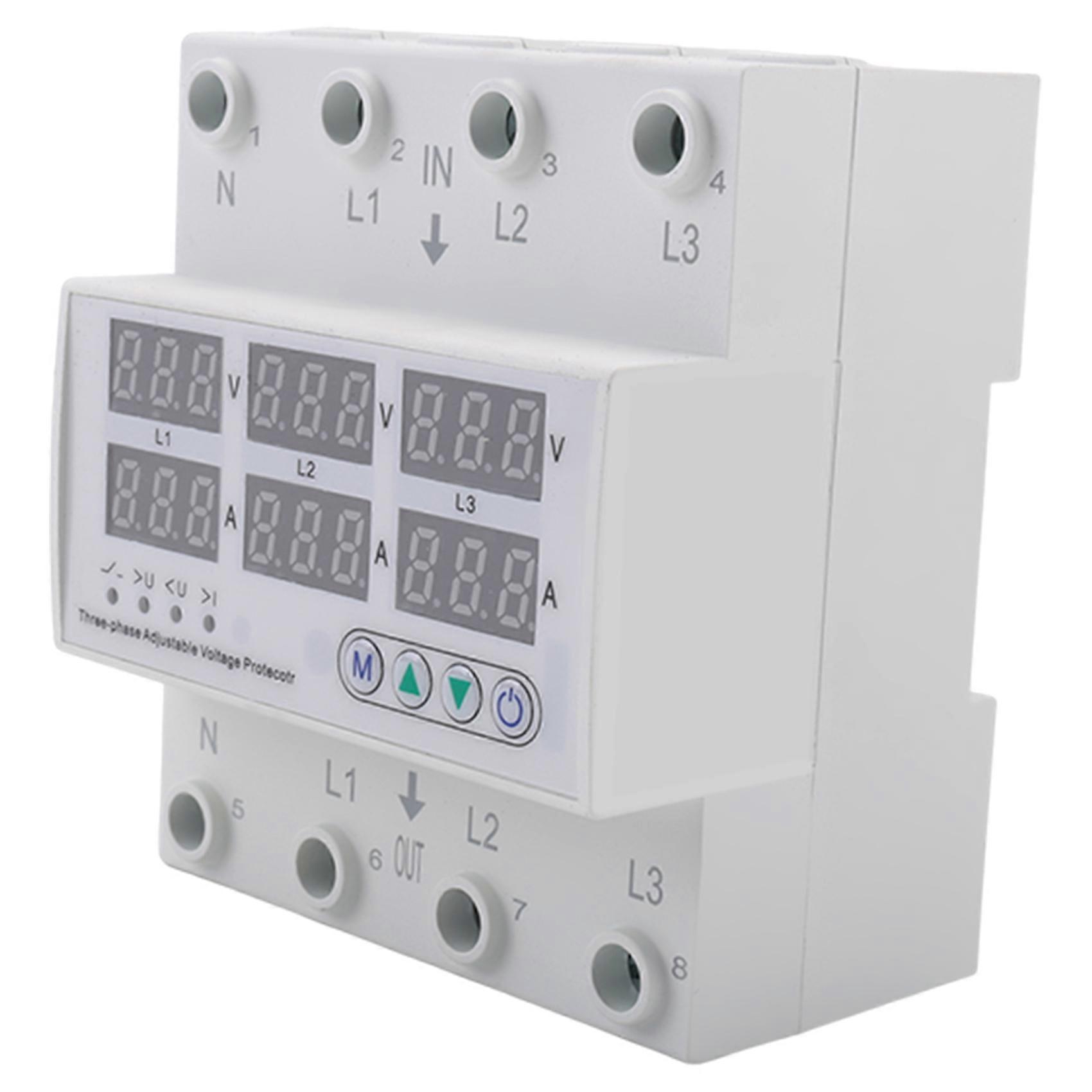 3Phase Adjustable over and Under Voltage Protector Voltmeter Ammeter Monitor 3P4W Din Rail Current Limit Protection 100A