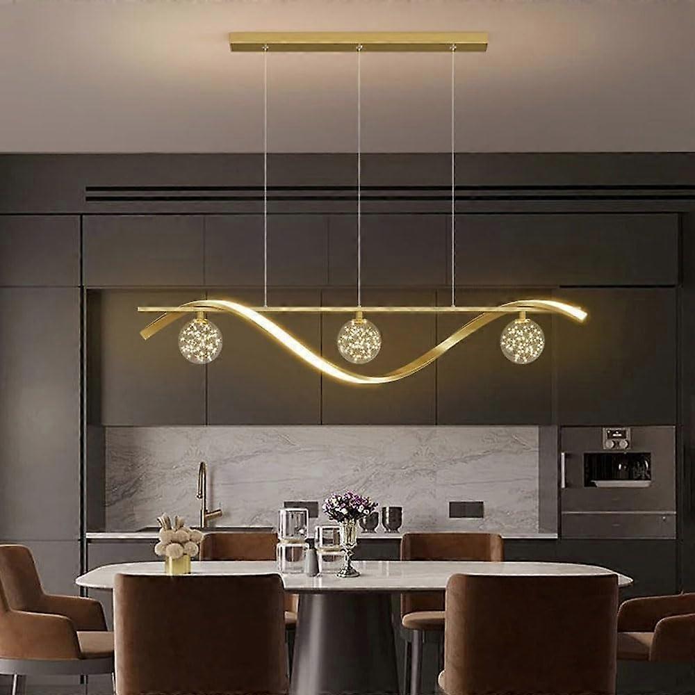 Modern LED Chandelier Gold Linear Pendant Light with Crystal Adjustable Height for Dining Room