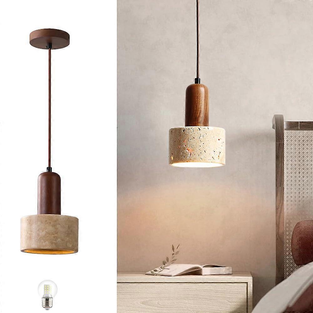 Yellow Travertine Pendant Light with Walnut Finish, Height Adjustable Kitchen Island Lighting