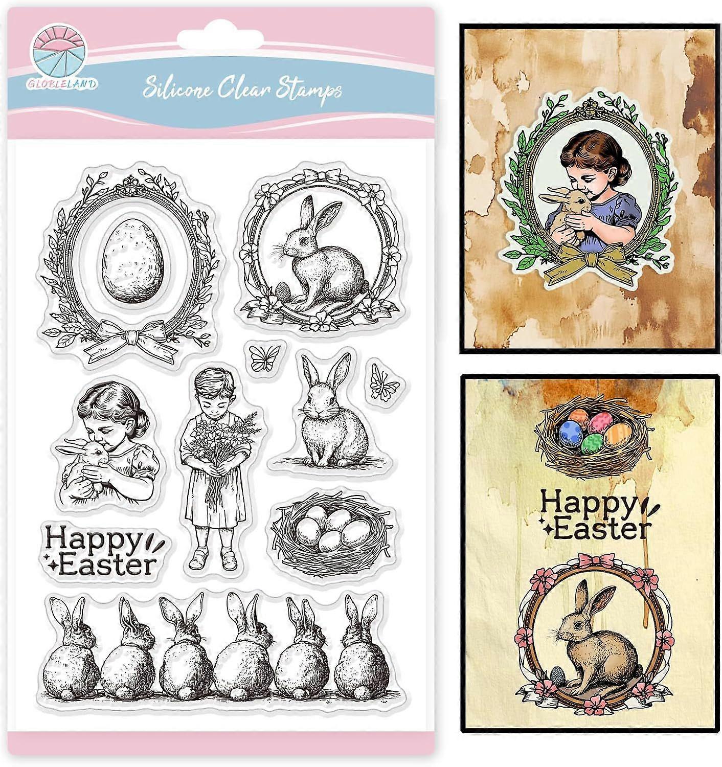 Retro Easter Eggs Clear Stamps for Card Making Easter Bunny Silicone Stamp Greetings Happy Easter Transparent Stamps Seal for DIY Scrapbooking Embossi