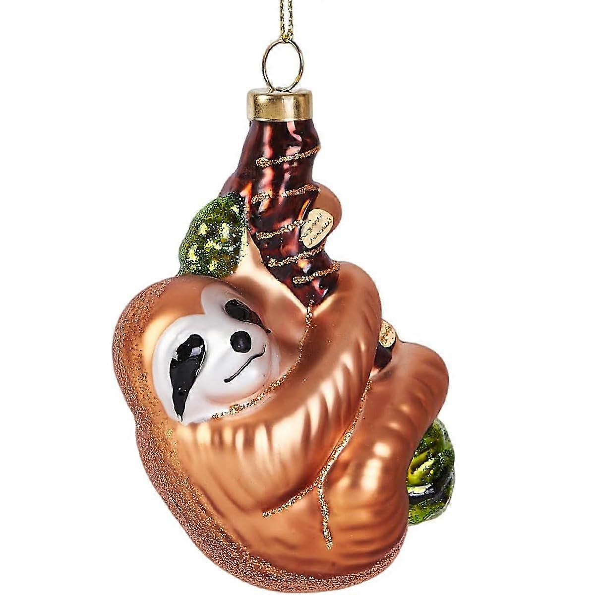 Handcrafted Glass Blown Sloth Christmas Tree Ornament with Unique Hand Painted Design and Golden Cord