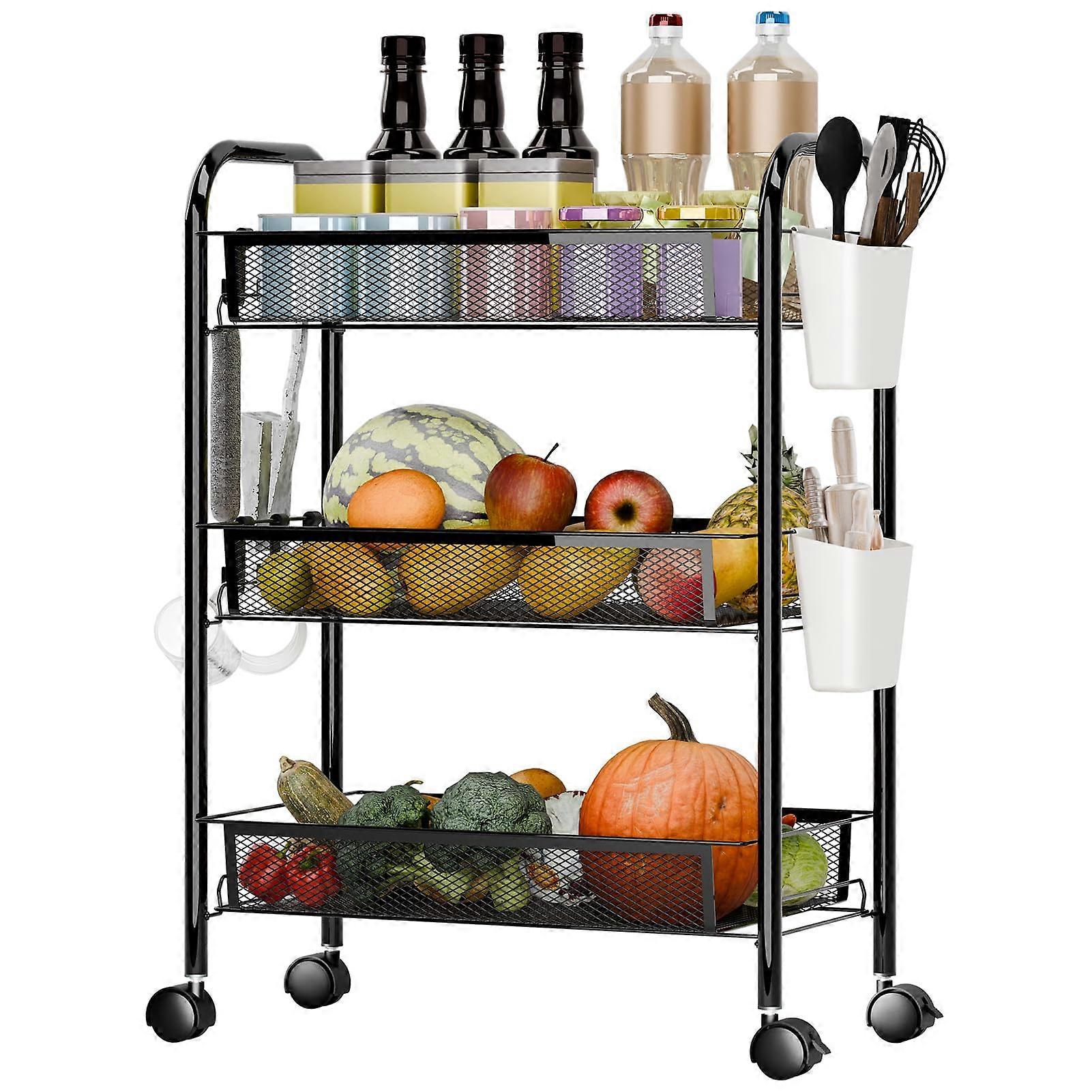 3 Tier Kitchen Storage Basket Rack with 360° Rotating Design, Lockable Wheels and Metal Mesh Bins