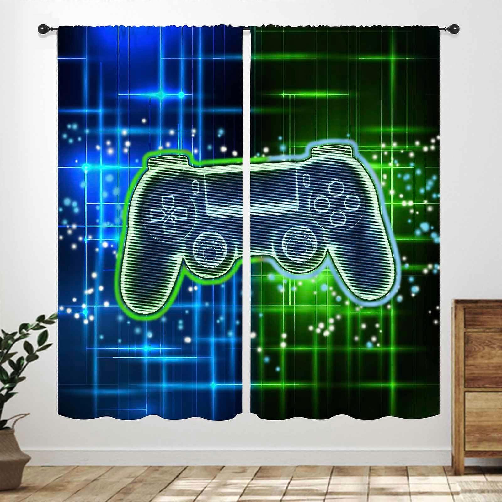 Video Game Curtains for Kids Bedroom with Gaming Theme Print, Light Filtering 2 Panel Set 21x45 Green Blue
