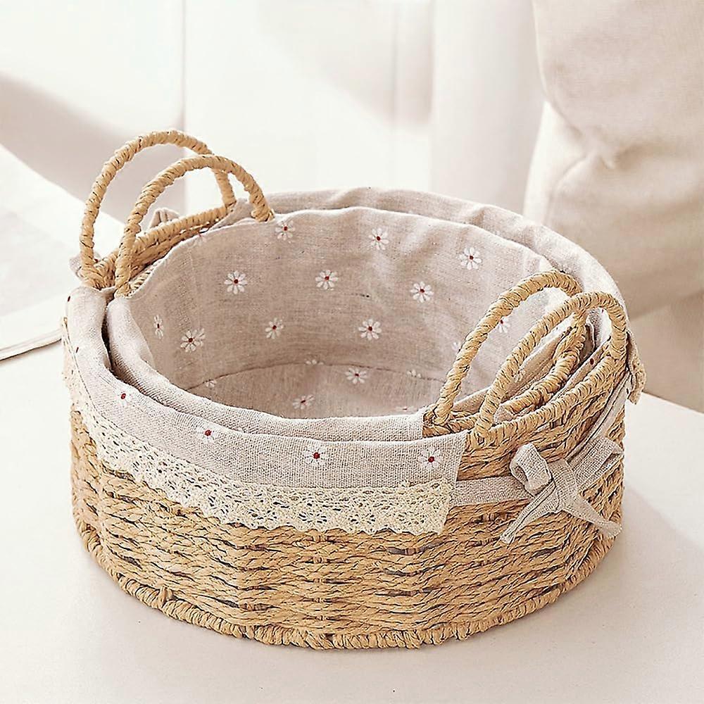 Small Wicker Storage Baskets with Handles and Liners, Handwoven Boho Paper Rope Round Set of 2 Beige