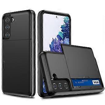 Custodia protettiva ibrida in PC + TPU con porta carte scorrevole antigraffio per Samsung Galaxy S21 4G/5G - Nero