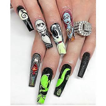 Press on Nails Long French Black Fake Nails Halloween Extra Long Reusable Glue on Nails Kit 24 Pcs