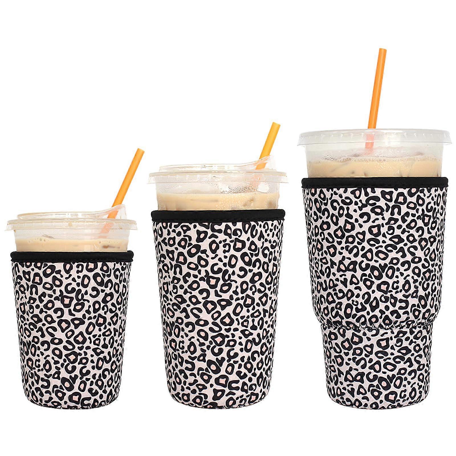3 Pack Leopard Print Neoprene Iced Coffee Sleeves, Reusable Cup Sleeve for Cold Drinks