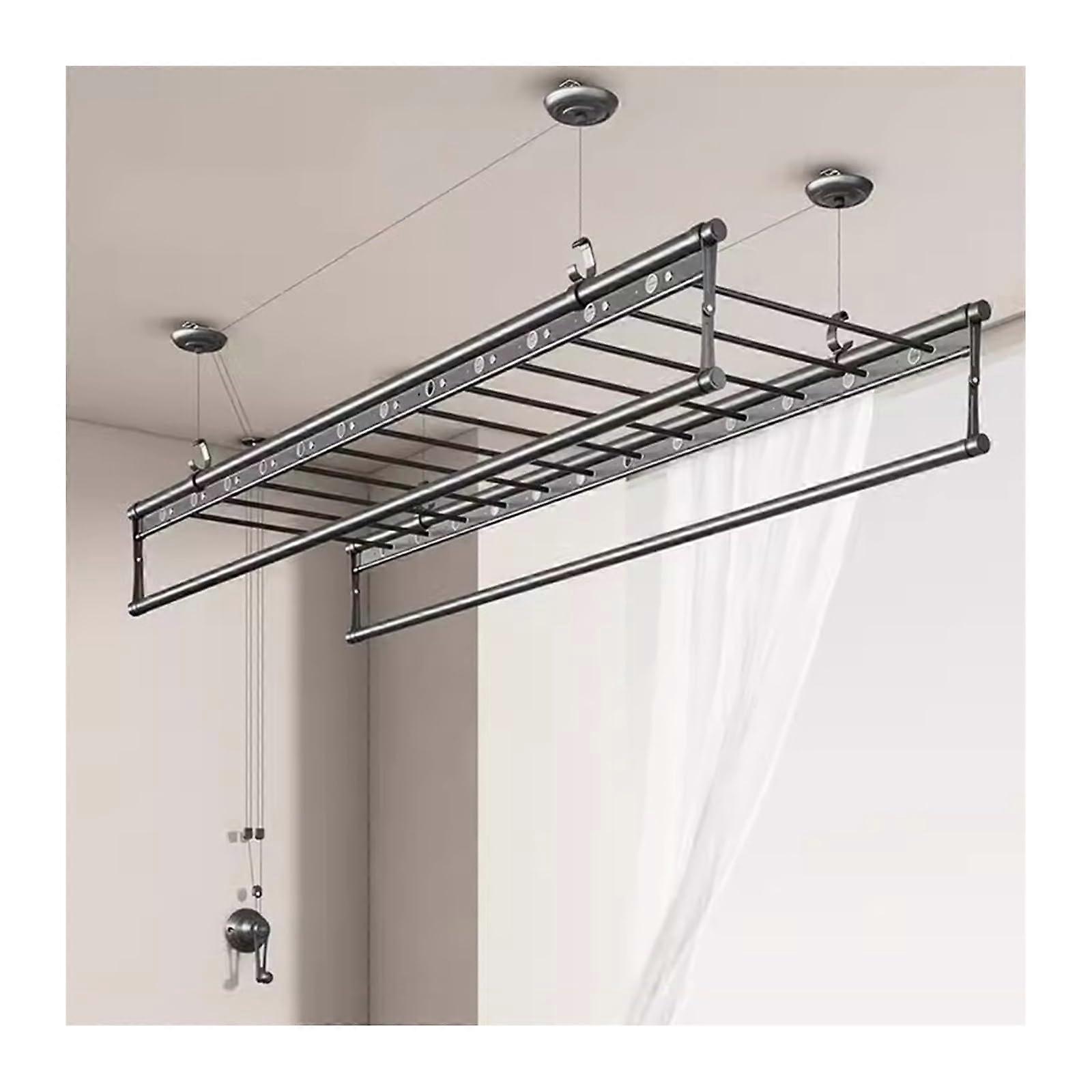 Electric Clothes Drying Rack with Manual Hand Crank, Double Pole Ceiling Mount, Adjustable 2.0m