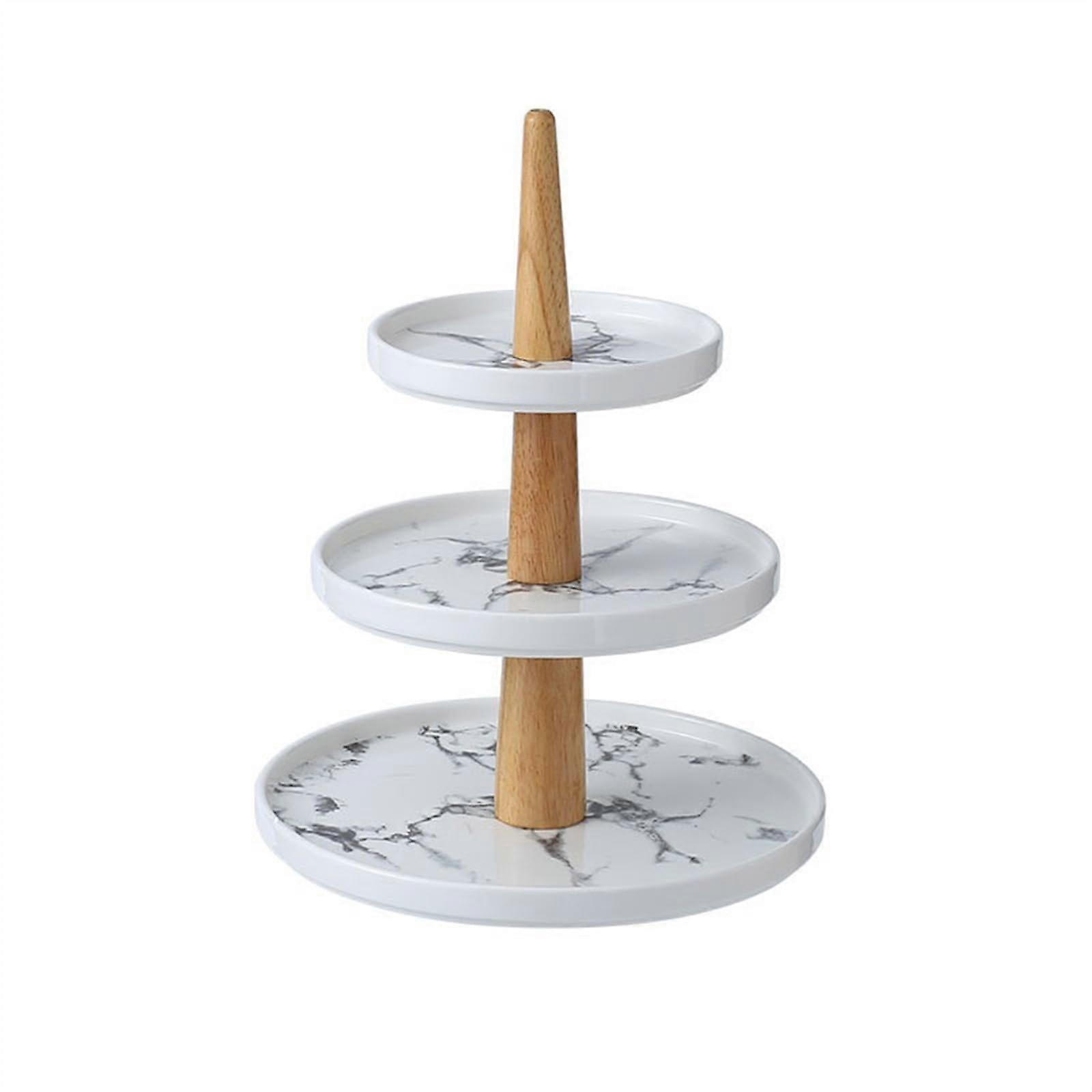 Ceramic Cake Stand with Elegant Marble Texture, Three Tier Dessert Display and Sturdy Oak Connector