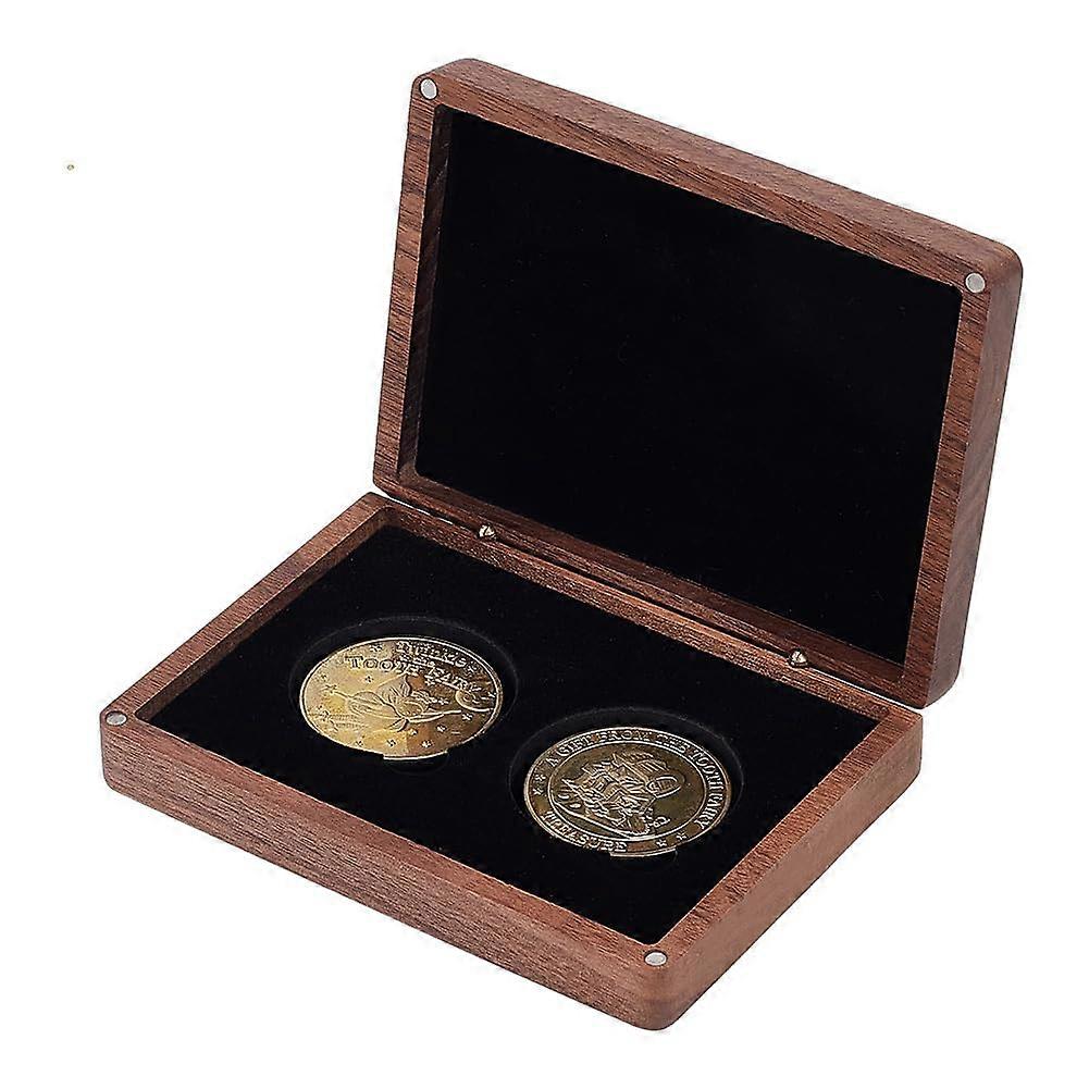 Wooden Challenge Coin Display Case with Durable Walnut Finish, Dual Coin Holder Box for Collectors