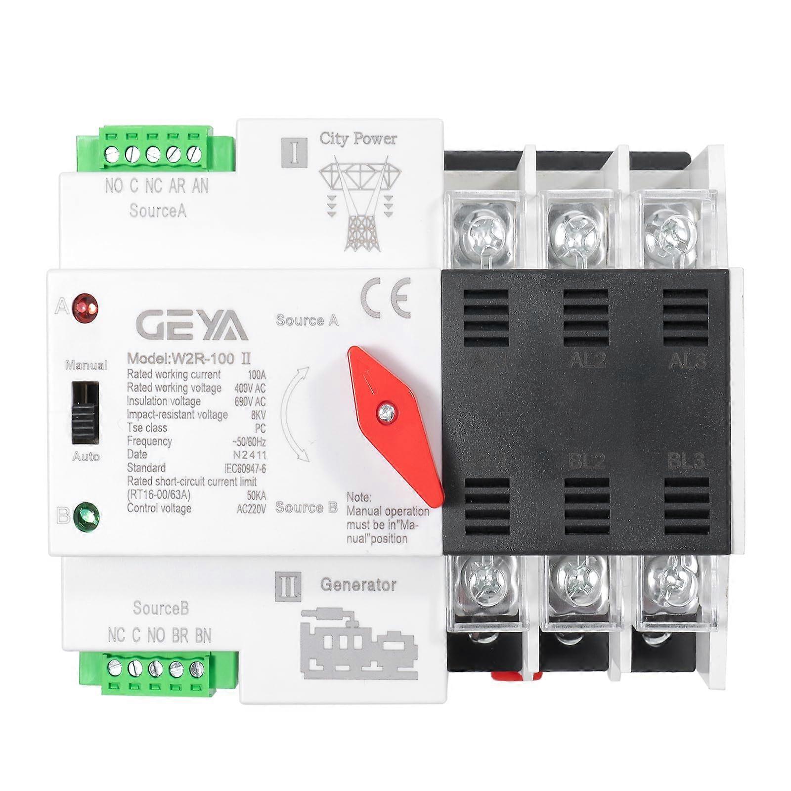 100A 3 Pole Automatic Transfer Switch 220V for Home Backup Generator, Fast Dual Power Switching