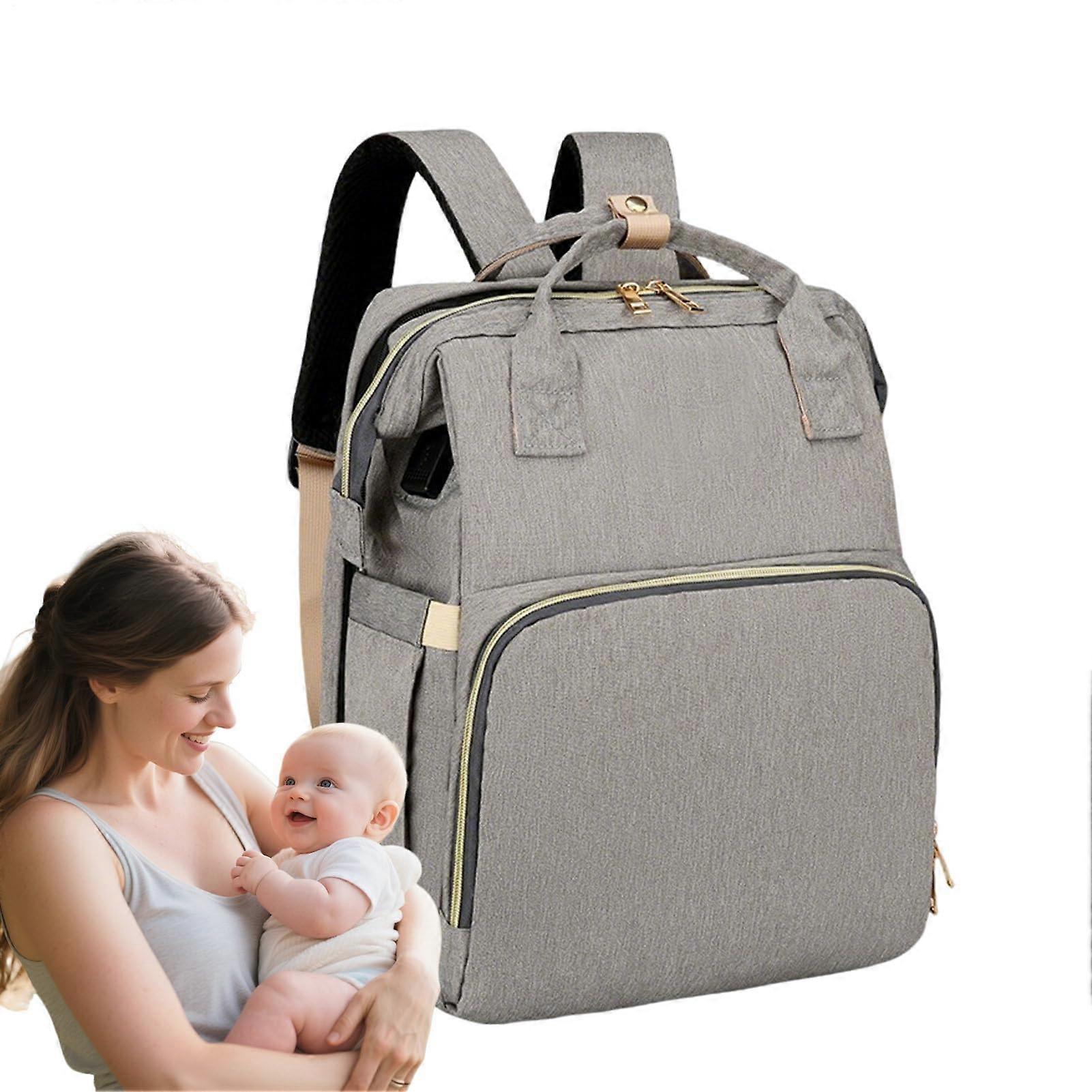 Diaper Bag Backpack Waterproof Large Capacity with Changing Mat Stroller Straps Pacifier Case Gray