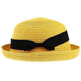 Solhatt for kvinner med gul kuppelformet strå til sommersolhatt med strandmotiv