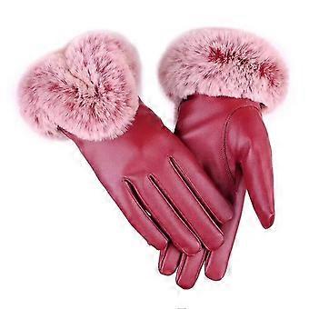 Winterhandschuhe für Damen, winddicht, mit Touchscreen-Funktion, warm, aus Kunstleder, Vollfingerhandschuhe – Rot