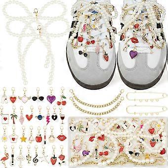 36-teiliges Schuhanhänger-Set, goldene Blumen-Schuhanhänger für Sneaker, goldener und perlenbesetzter Schnürsenkelanhänger für Sneaker, Schleifenanhänger für Schuhe, niedliche Schnürsenkeldekoration