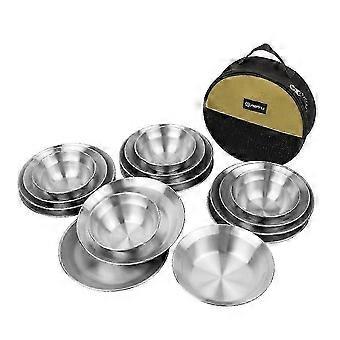 Ensemble de 16 pièces de vaisselle de camping réutilisable en acier inoxydable, comprenant assiettes et bols, idéal pour le camping et la randonnée.