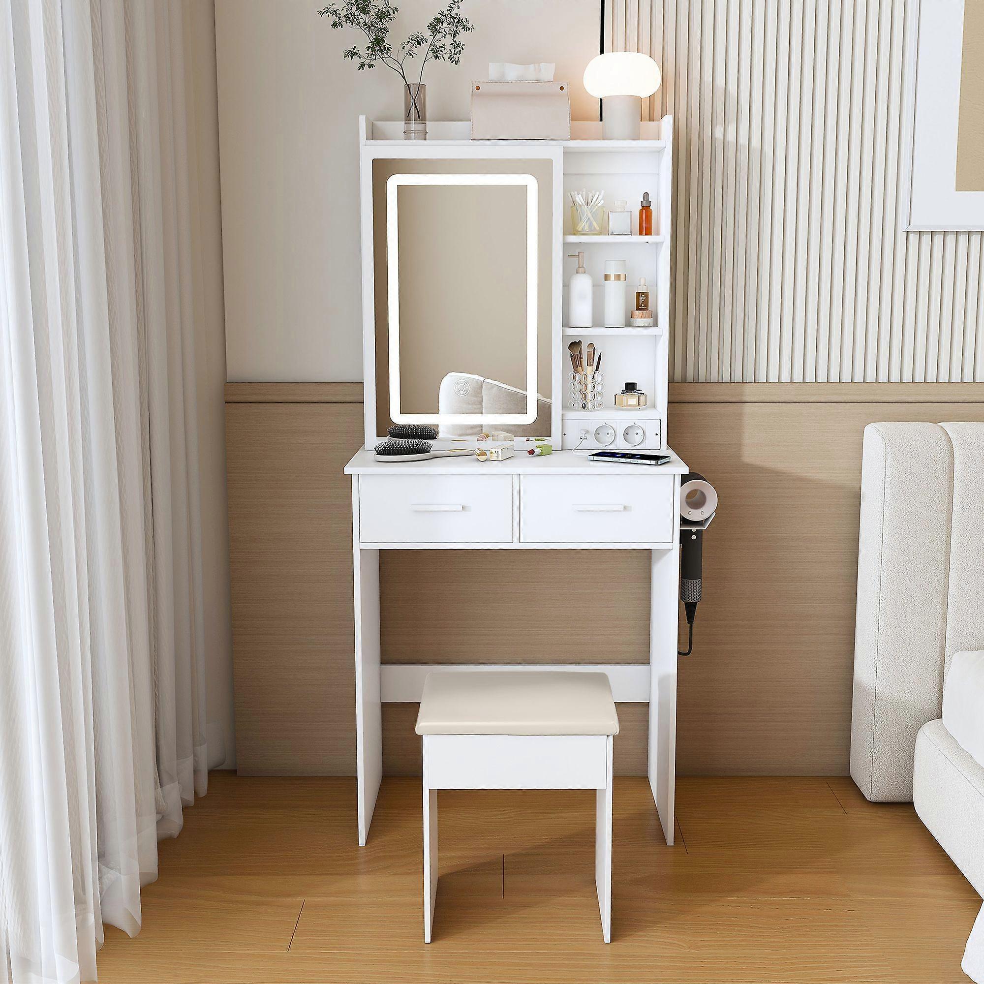 Small white dressing table with mirror, adjustable LED lighting & socket  Includes upholstered stool, hidden storage & shelf  Space-saving for small b