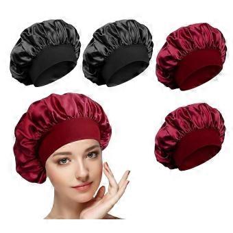 Soft Satin Sleep Caps for Women, 4 Pack with Wide Elastic Band, Long Curly Hair Night Bonnets