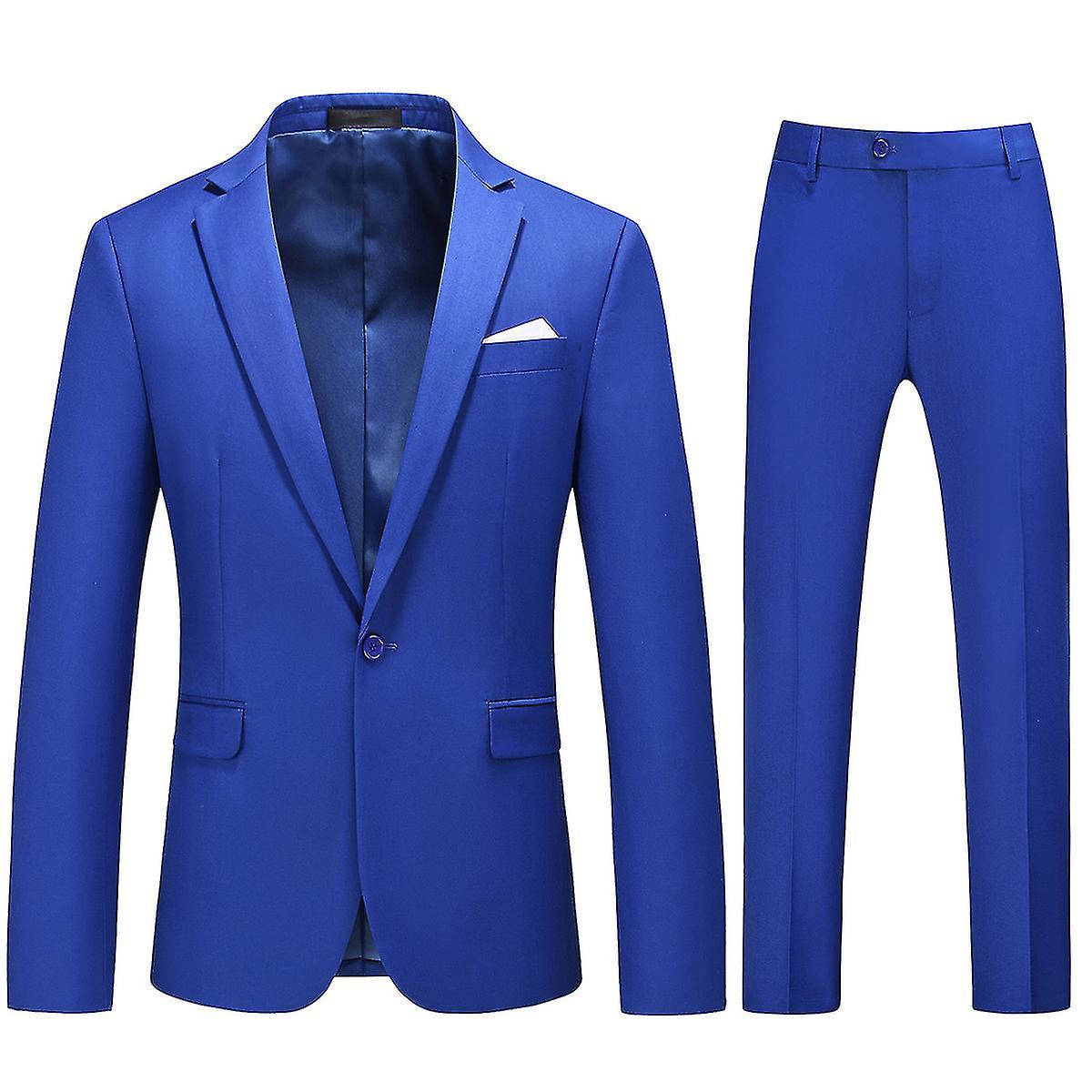 Mäns 2-delad enfärgad affärsjacka Slim Fit Notched Lapel One Button Formell kostym (kavaj + byxor)