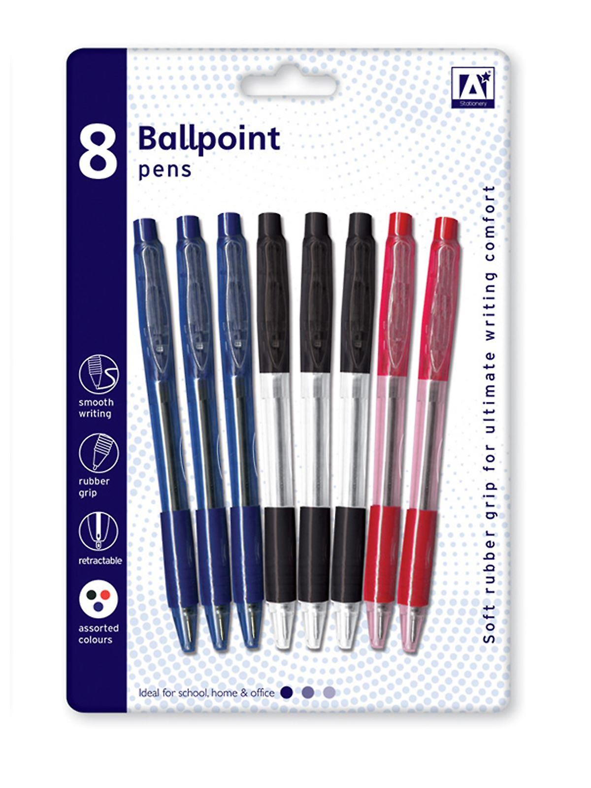 8 Smooth Writing Rubber Grip Retractable Ballpoint Pens Assorted Colours
