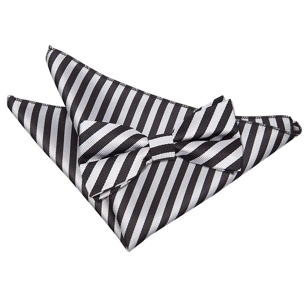 Black and Silver Thin Stripe Bow Tie and Pocket Square Set