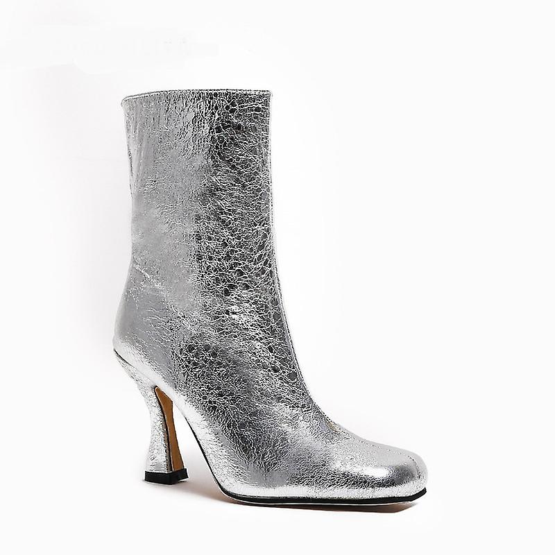 Women's Square Toe Boots Elastic Ankle Boots Mid Calf Boots Silver