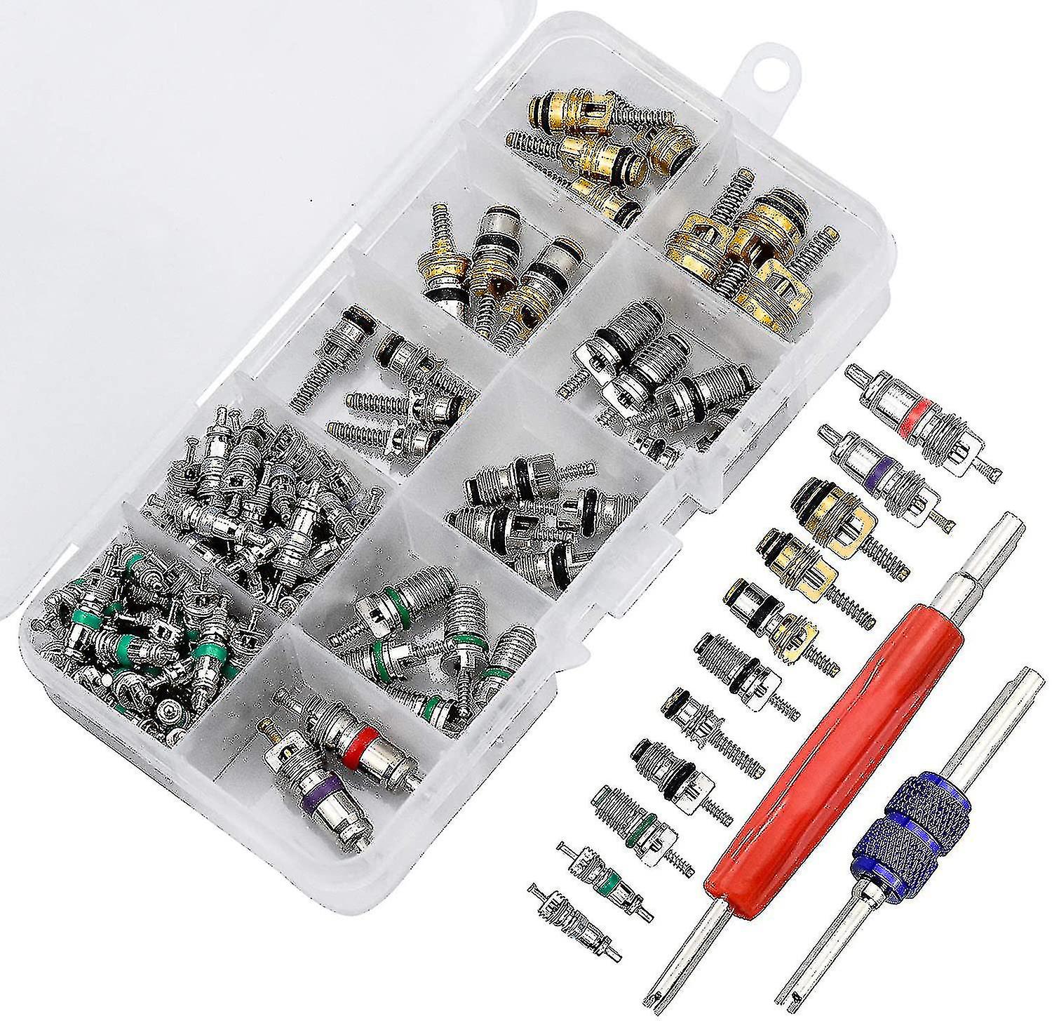 Πυρήνας βαλβίδων κλιματισμού 102pcs, αυτοκινητικοί πυρήνες μίσχων βαλβίδων κλιματισμού με το εργαλείο αφαίρεσης για την επισκευή αέρα αυτοκινήτων