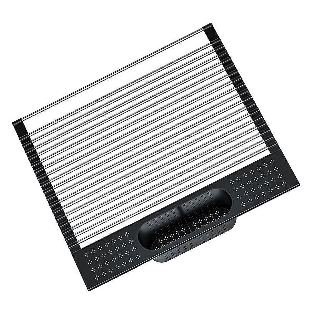 Roll-Up Dish Drying Rack,Multi-Use Kitchen Drying Rack over Sink,Foldable Fruit Vegetable Meat Organizer Tray,Black