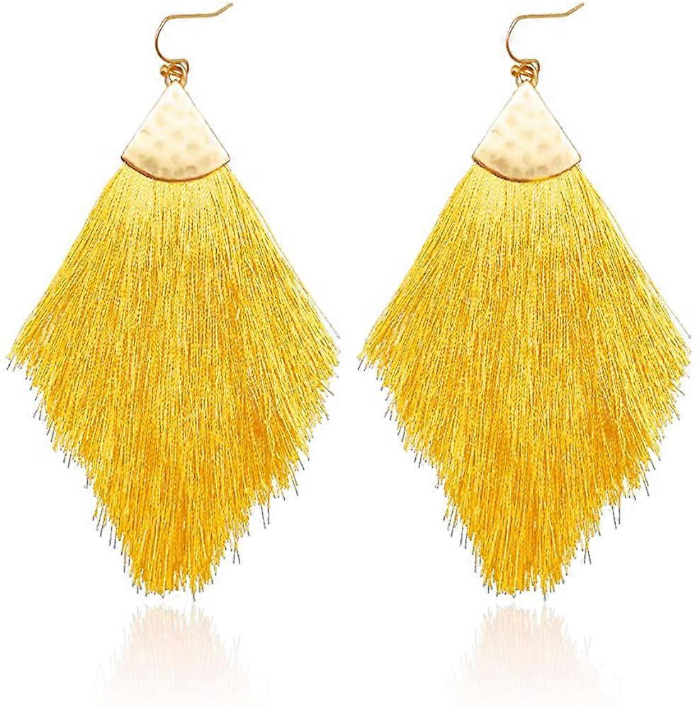 Bohemian Silky Thread Fan Fringe Tassel Statement Earrings Lightweight