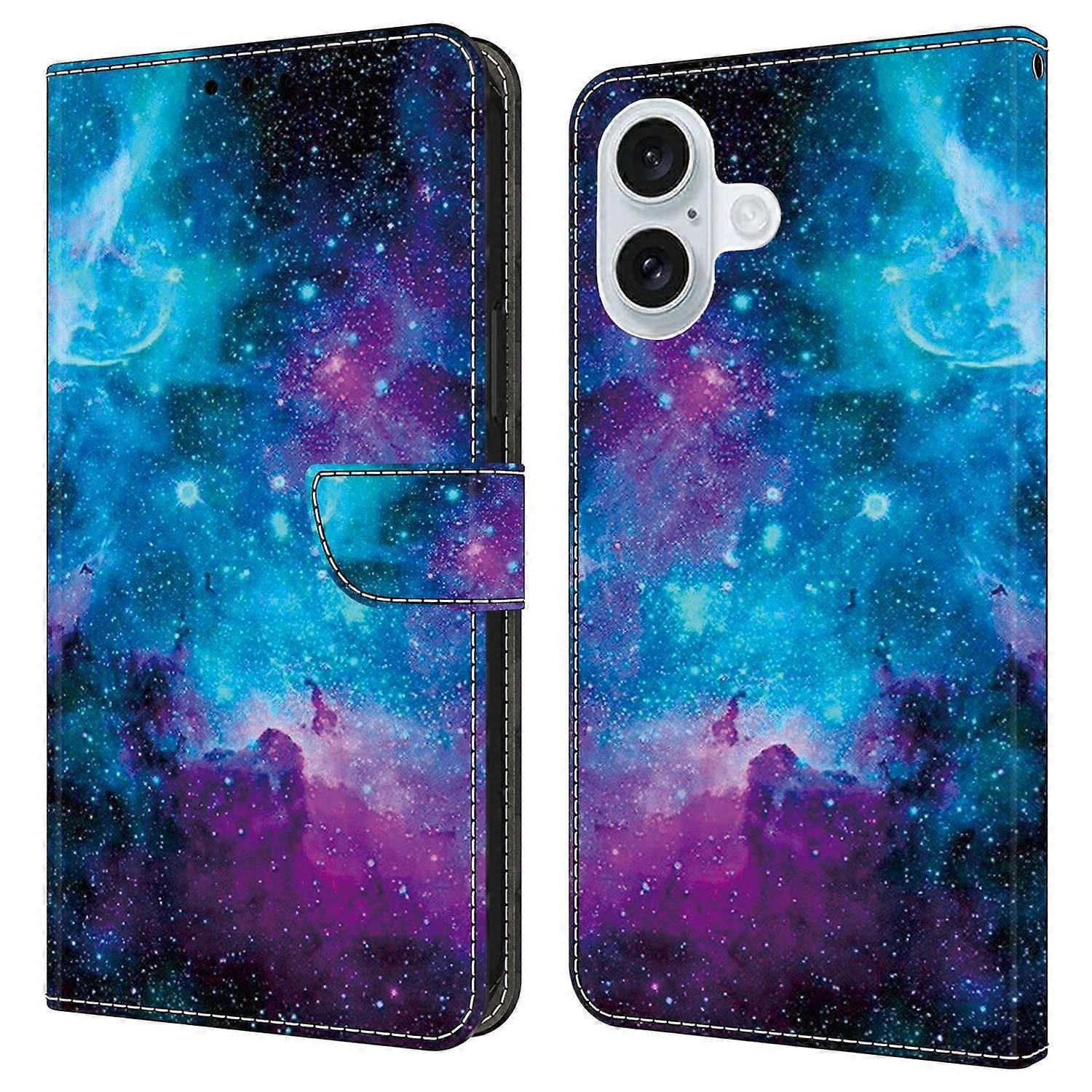 For iPhone 16 Case Pattern Printed Protective Leather Flip Phone Case - Starry Sky