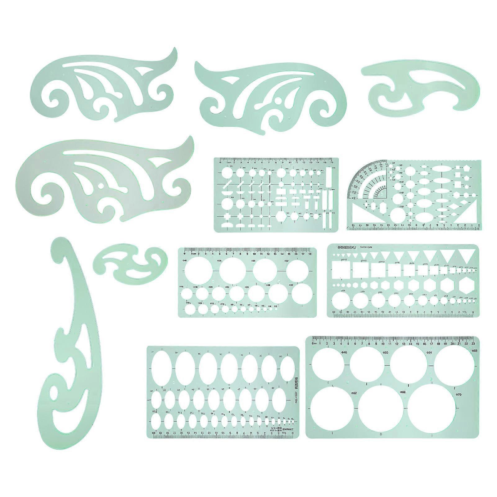 12Pcs Drawing Template Multifunctional Measuring Geometric Plastic Draft Ruler Design Supplies