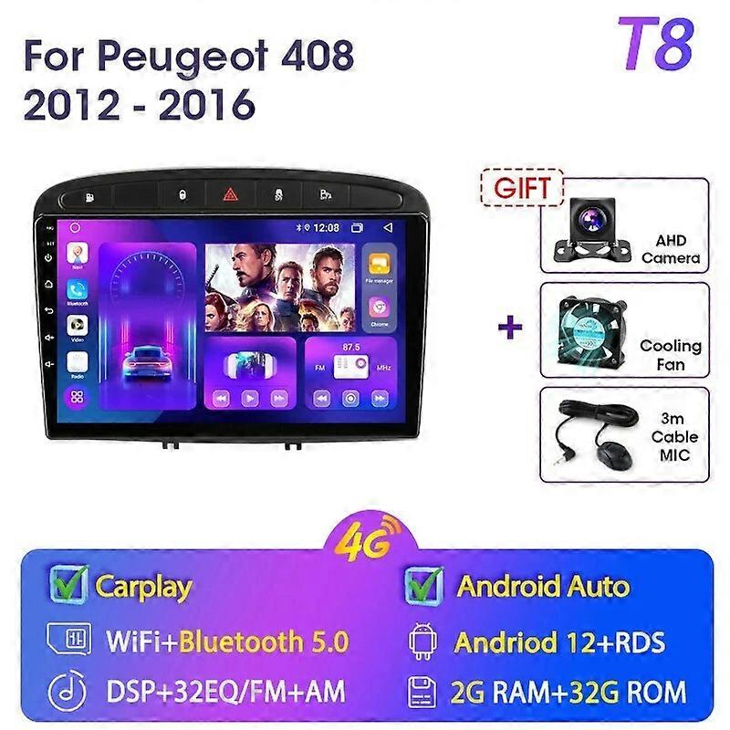 2din Android 12 Car Radio Carplay+Android Auto 4G Multimedia Video Player Navigation Autoradio For Peugeot 408 308 2012-2016