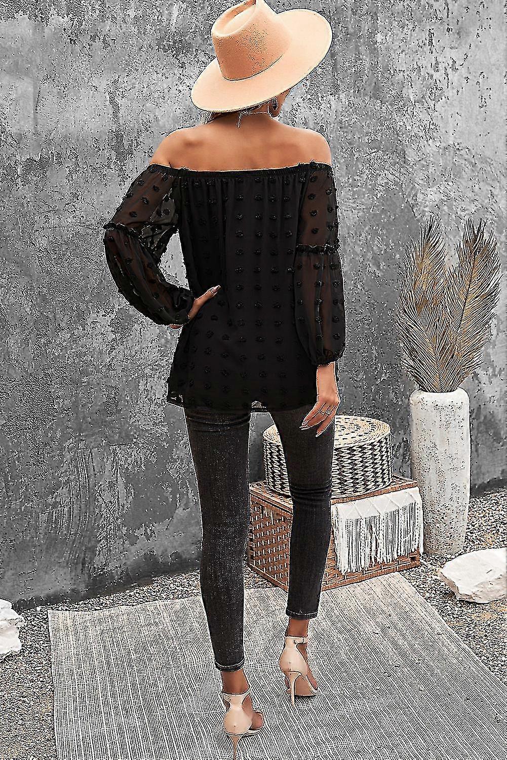 Women's Black Swiss Dot Off The Shoulder Blouse