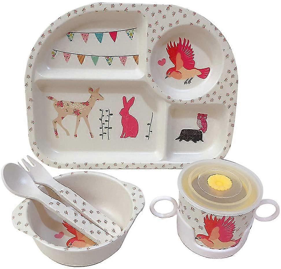 Children's Tableware 5-piece Set With A Beautiful Pattern Made Of Bamboo / Bowl, Spoon, Fork, Cup, Menu Plate / For Small Children, Bpa And Phthalate-