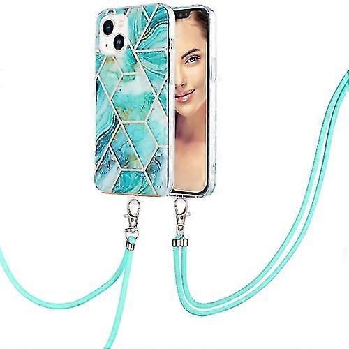 Compatible with Iphone 15 Electroplating Splicing Marble Pattern Imd Tpu Shockproof Case With Neck Lanyard