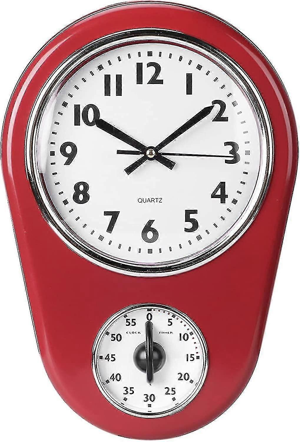 Retro Kitchen Timer Wall Clock, Red Vintage Silent Home Timer