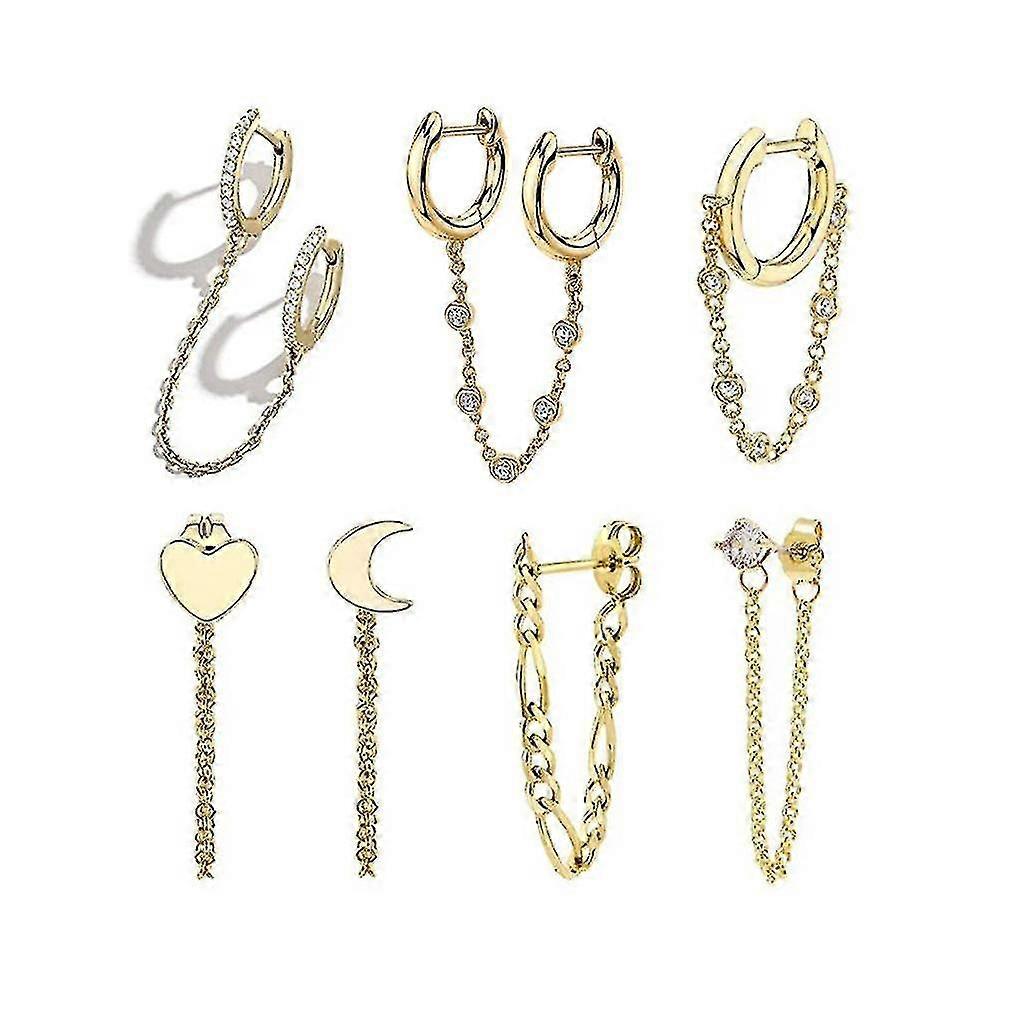 Long Ear Studs Piercing Double Circles Heart Moon Chain Single Tassel Alloy Ear Studs Compatible Party