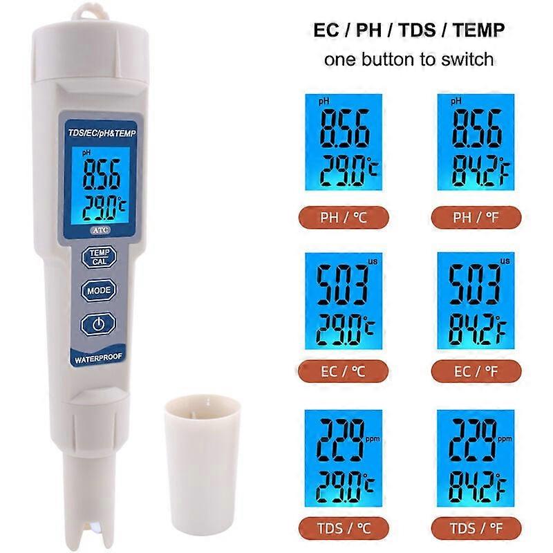 in 1 Waterproof EC/TDS/PH/TEMP Water Quality Tester for Drinking Water Swimming Pools