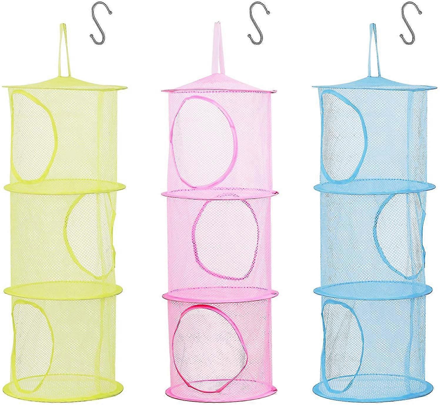 3 pcs kids storage net, foldable mesh basket hanging toy storage with s-hook for plush toys small