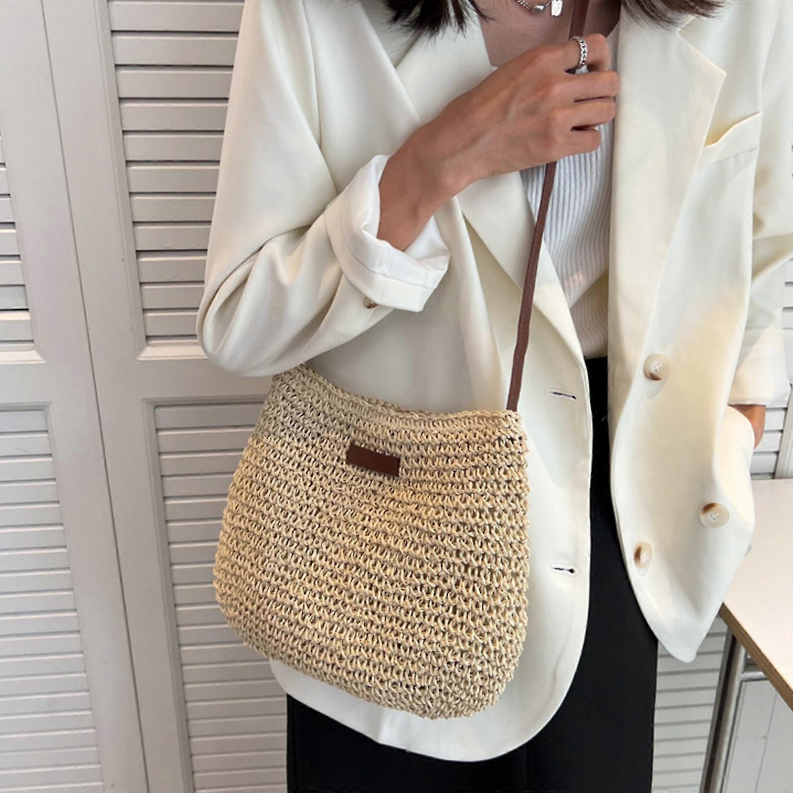 女性用ショルダーストローバッグ、女性用ビーチホリデー用サマーストロークロスボディバッグ、ジッパー付きスタイリッシュカジュアルクロシェバッグ