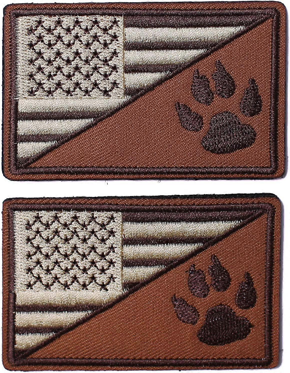 2Pcs Tactical US Flag with Tracker Paw Patriot Patches, Milltary Embroidered Applique Morale Hook & Loop Patch