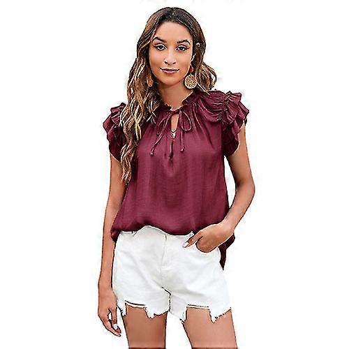 Womens Ruffle Sleeve T Shirts, Summer V Neck Solid Color Blouse