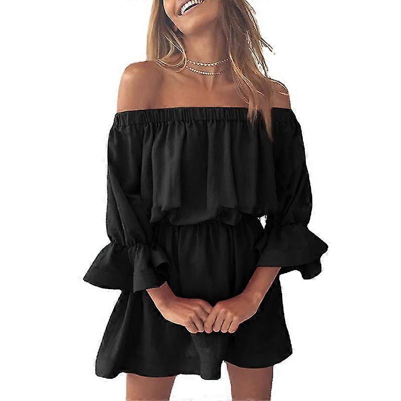 レディースルーズフレアスリーブミニドレスレディースビーチハワイアンオフショルダー