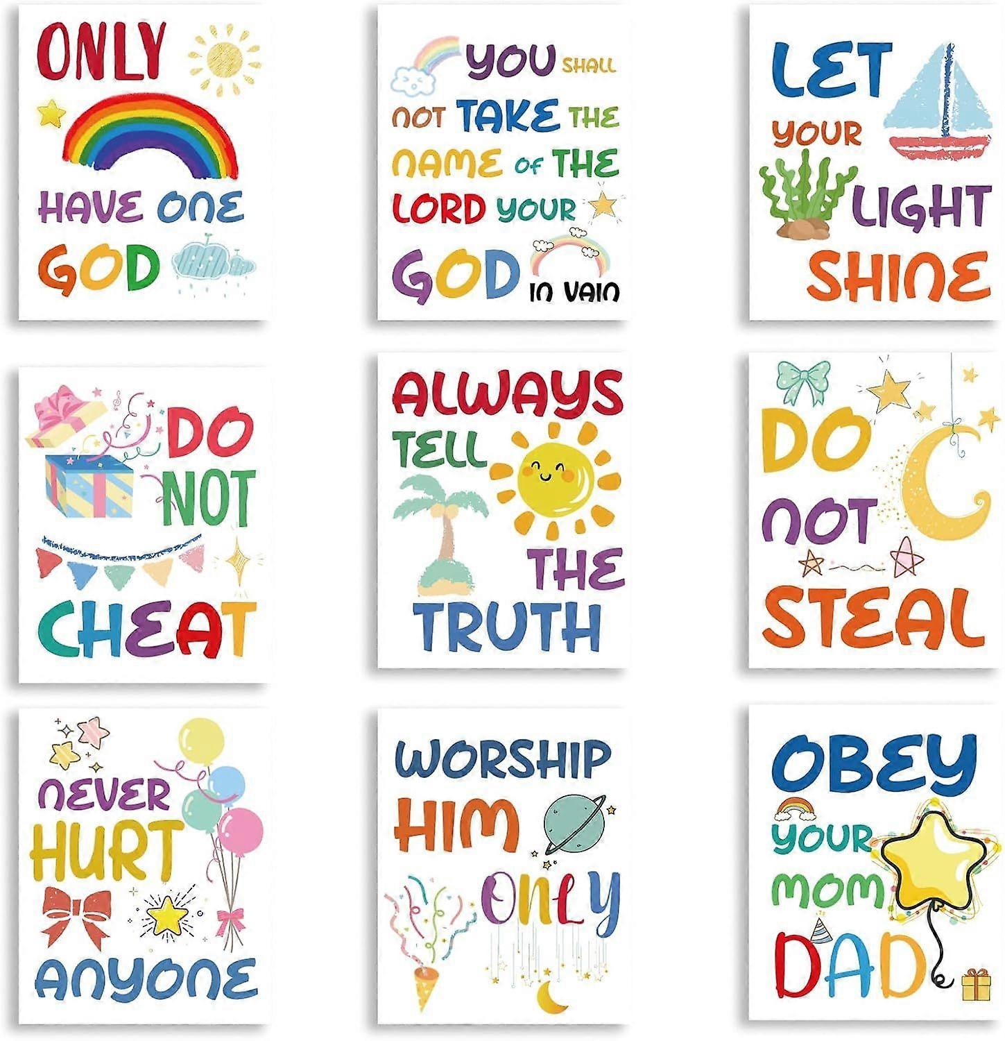 9 Pcs Children Educational Unframed Canvas Prints Tell Truth Obey Mom Text Canvas Color Art Hanging Painting for Back to School Classroom Nursery Kind