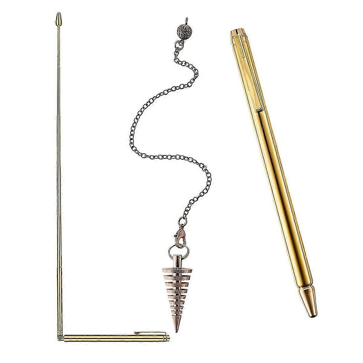 3 Pcs Divining Rods Copper And Dowsing Pendulum, 2 Retractable Paranormal Divining Rods And 1 Pendulum Pendant Gold