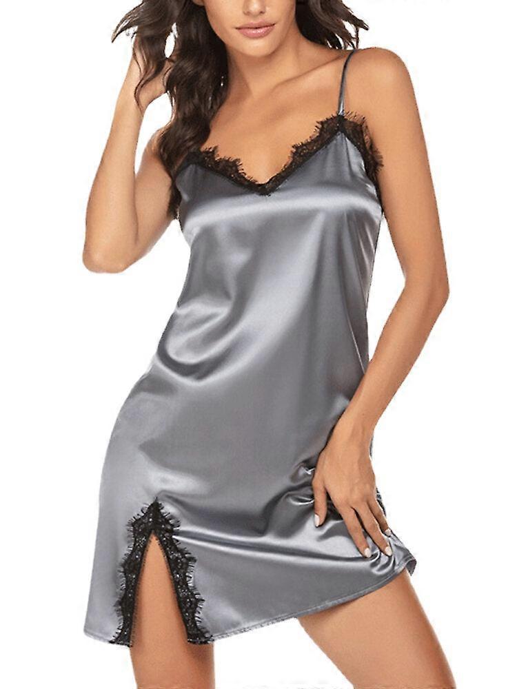 Women's Faux Silk Lace Trim Backless Nightgown With Side Split