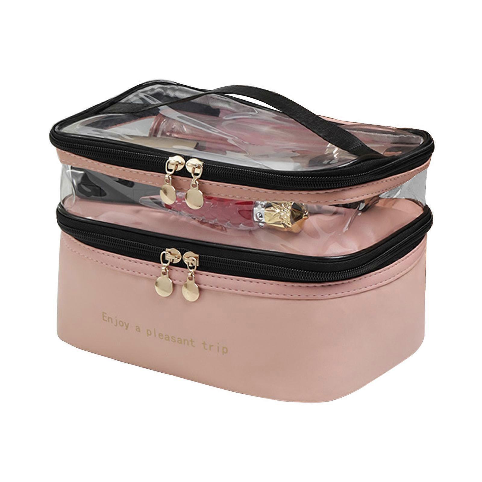 Simple Double Layer Cosmetic Pouches Versatile Makeup Container Bag with Double Layer Designs for Office and Vacation Pink