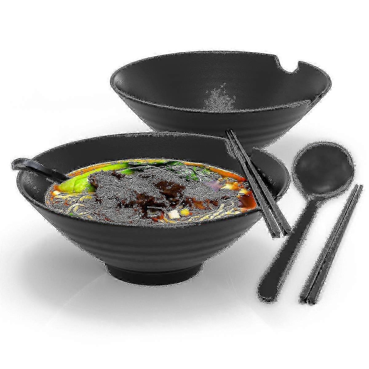 ラーメンボウル6点セット(1000ml入り) - 箸とスプーン付き伝統的な日本の食器セット(黒f26)