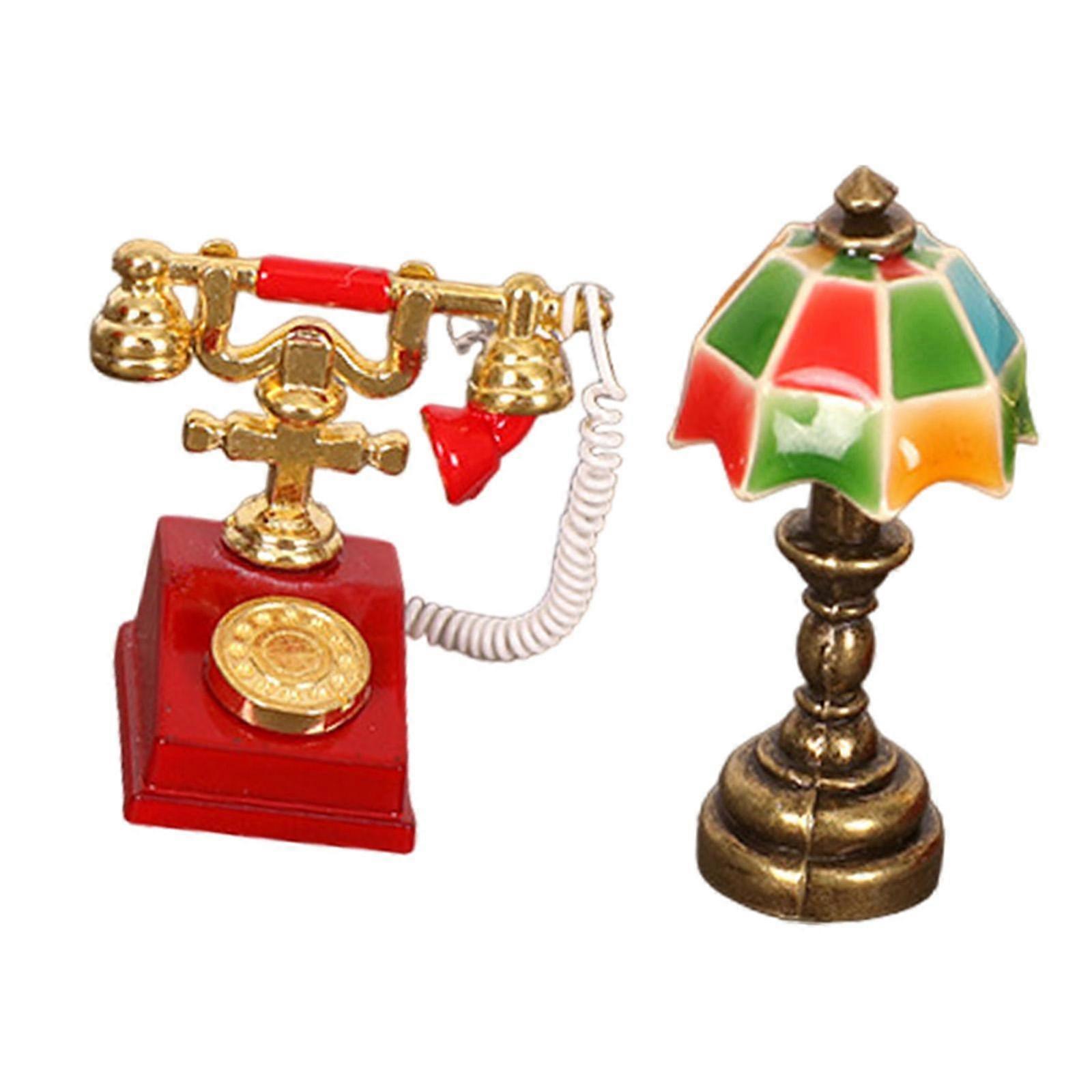 Dollhouse Miniature Lamp and Rotary Phone Set,Mini Table Lamp,1/12 Vintage